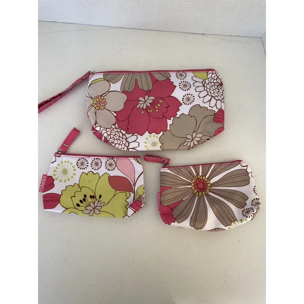 Clinique Makeup Bags Multi~Color Floral Lined 3Pc Set NWOT
